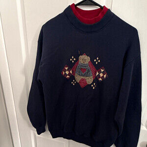 VTG Gopher Sport M Navy Crewneck Fleece Pullover Sweatshirt Teddy Bear Heart